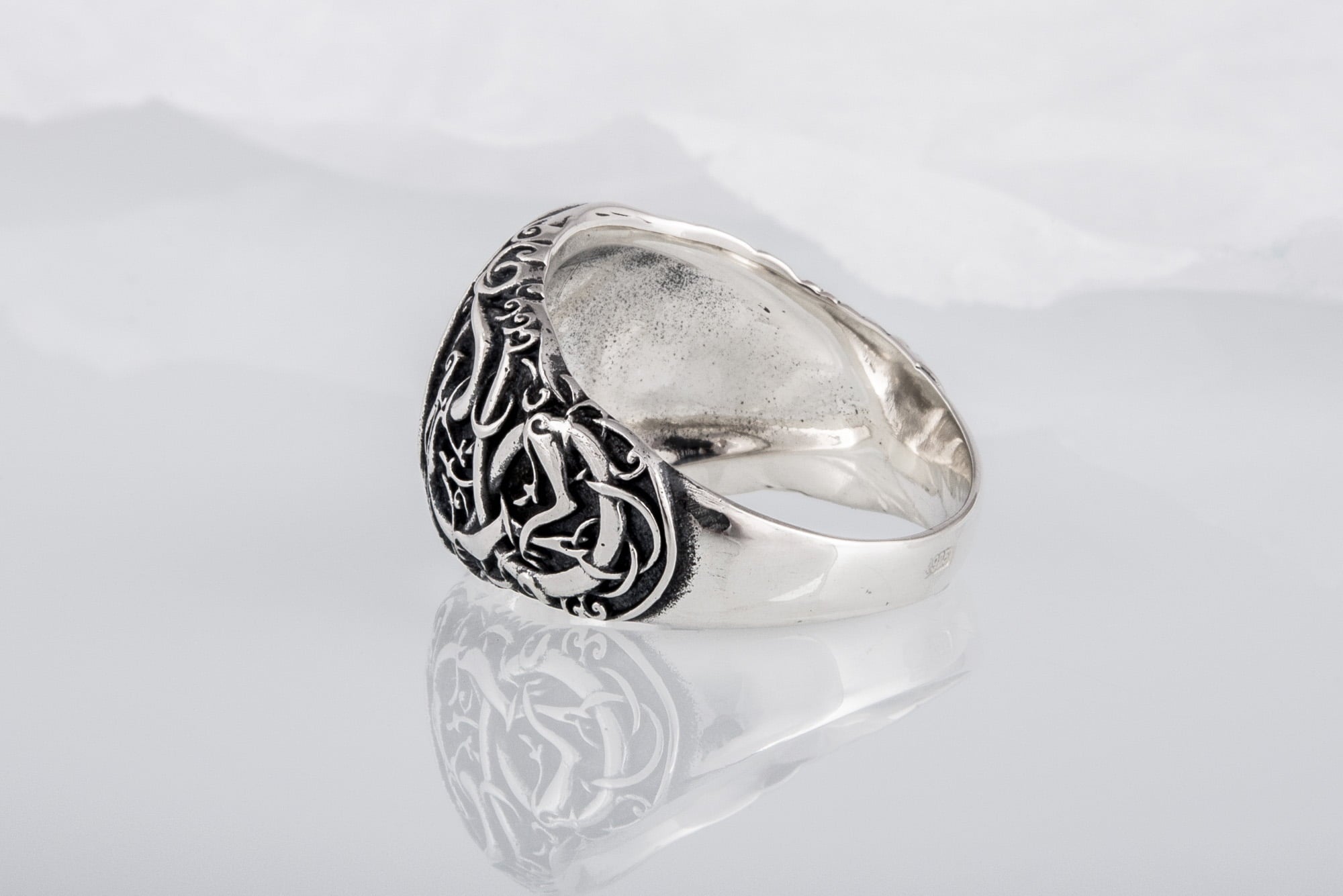 Jormungandr Symbol with Urnes Style Sterling Silver Norse Ring - vikingworkshop