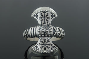 Axe Ring with Helm of Awe Symbol Sterling Silver Viking Jewelry - vikingworkshop