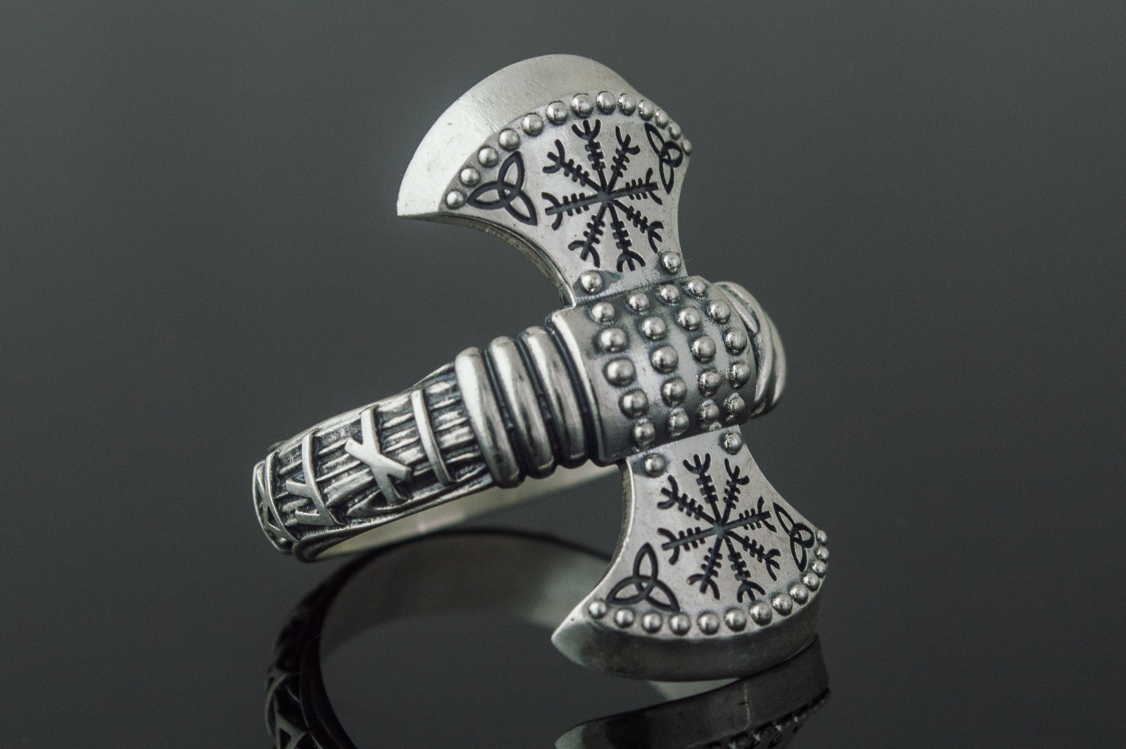 Axe Ring with Helm of Awe Symbol Sterling Silver Viking Jewelry - vikingworkshop