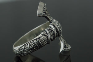 Axe Ring with Helm of Awe Symbol Sterling Silver Viking Jewelry - vikingworkshop