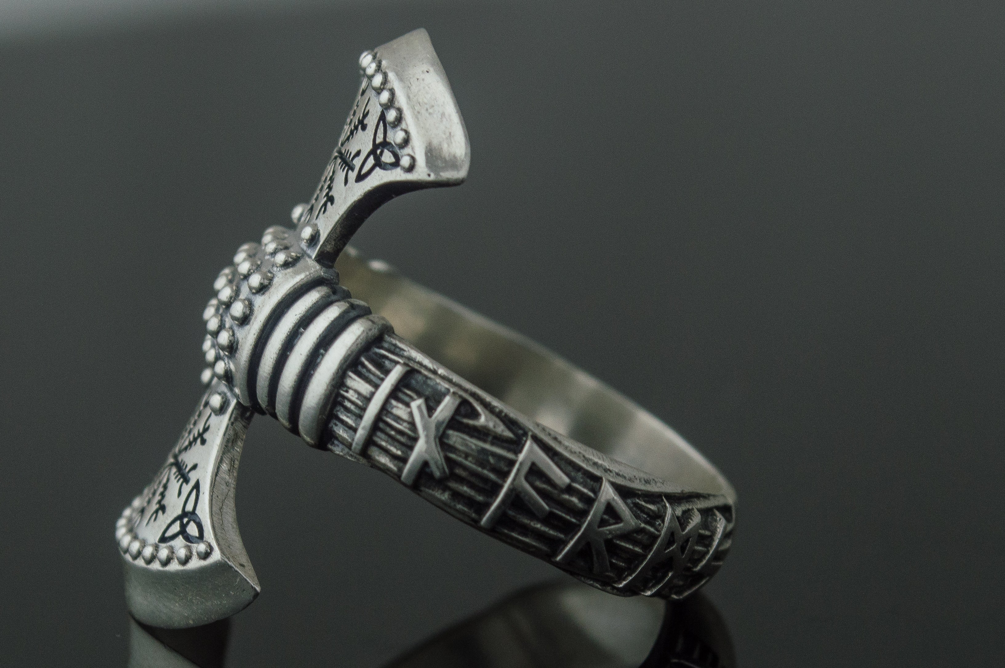 Axe Ring with Helm of Awe Symbol Sterling Silver Viking Jewelry - vikingworkshop