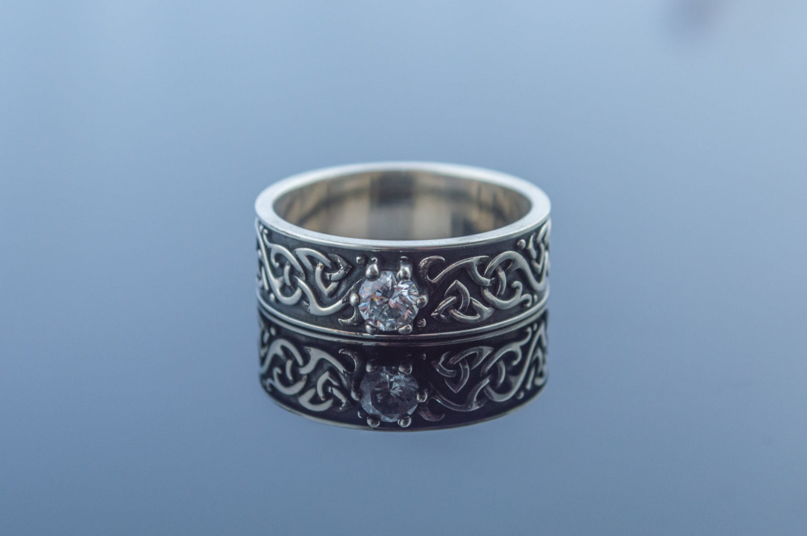 Beautiful Ornament Ring with White Cubic Zirconia Sterling Silver Viking Jewelry - vikingworkshop