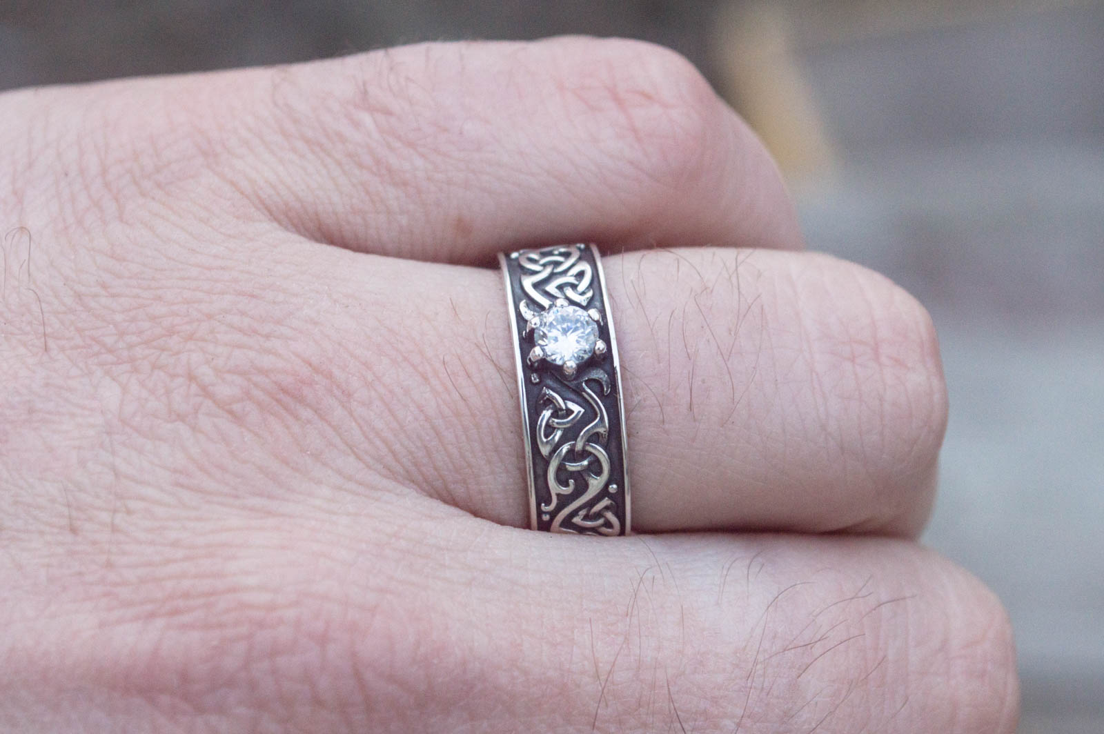 Beautiful Ornament Ring with White Cubic Zirconia Sterling Silver Viking Jewelry - vikingworkshop