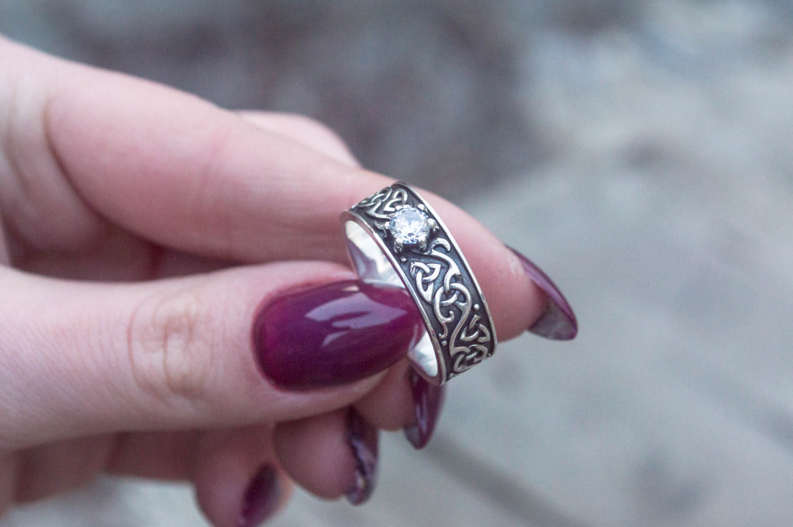 Beautiful Ornament Ring with White Cubic Zirconia Sterling Silver Viking Jewelry - vikingworkshop