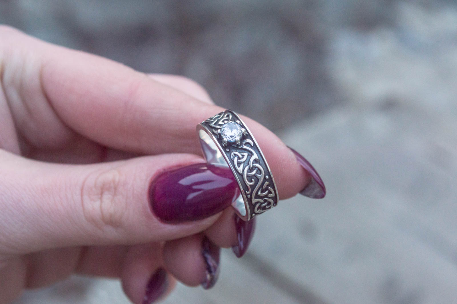 Beautiful Ornament Ring with White Cubic Zirconia Sterling Silver Viking Jewelry - vikingworkshop