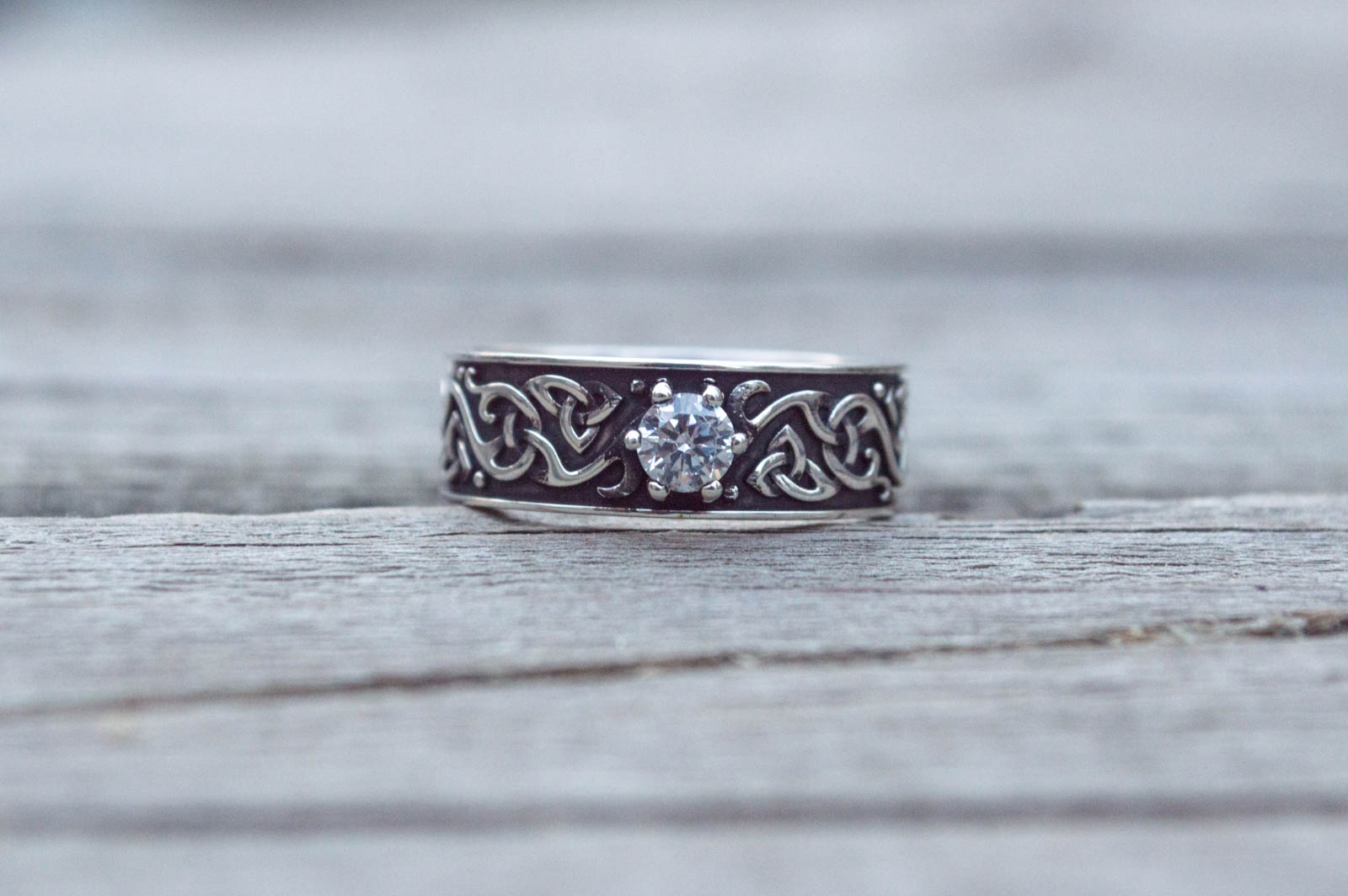 Beautiful Ornament Ring with White Cubic Zirconia Sterling Silver Viking Jewelry - vikingworkshop