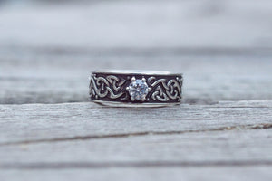 Beautiful Ornament Ring with White Cubic Zirconia Sterling Silver Viking Jewelry - vikingworkshop