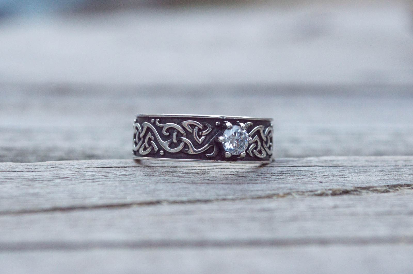 Beautiful Ornament Ring with White Cubic Zirconia Sterling Silver Viking Jewelry - vikingworkshop