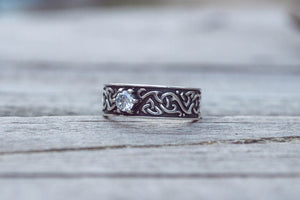 Beautiful Ornament Ring with White Cubic Zirconia Sterling Silver Viking Jewelry - vikingworkshop