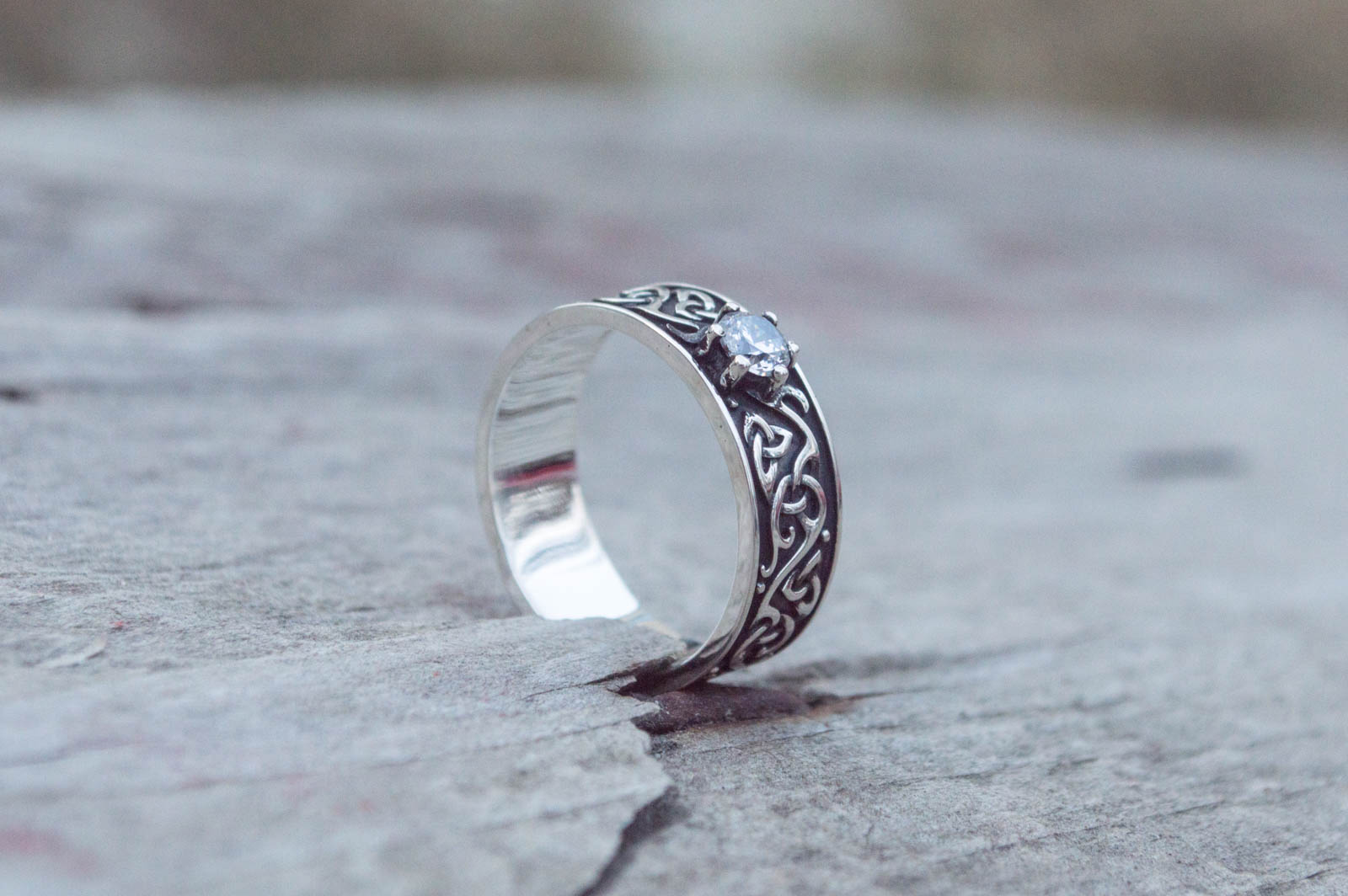 Beautiful Ornament Ring with White Cubic Zirconia Sterling Silver Viking Jewelry - vikingworkshop