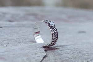 Beautiful Ornament Ring with White Cubic Zirconia Sterling Silver Viking Jewelry - vikingworkshop