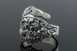 Pirate Skull with Anchor Symbol Sterling Silver Unique Ring Biker Jewelry - vikingworkshop