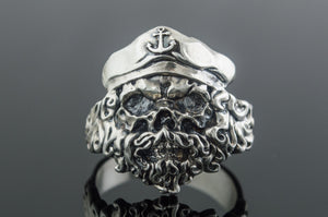 Pirate Skull with Anchor Symbol Sterling Silver Unique Ring Biker Jewelry - vikingworkshop