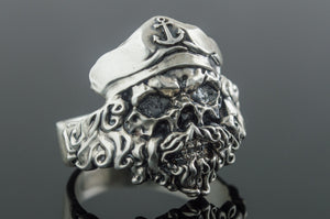 Pirate Skull with Anchor Symbol Sterling Silver Unique Ring Biker Jewelry - vikingworkshop