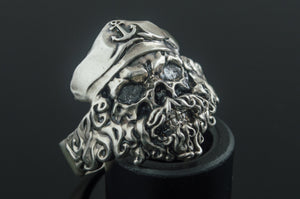 Pirate Skull with Anchor Symbol Sterling Silver Unique Ring Biker Jewelry - vikingworkshop