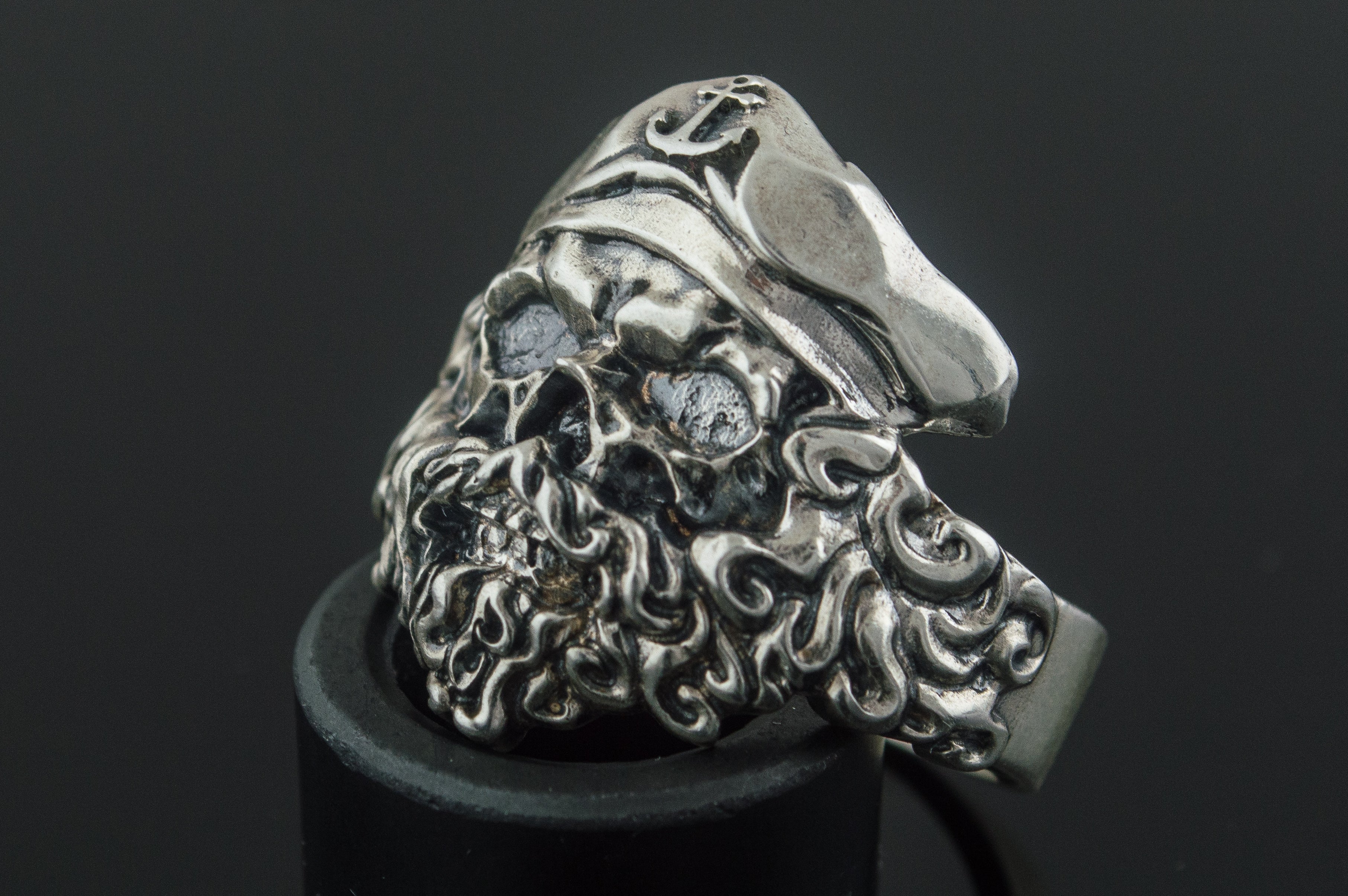 Pirate Skull with Anchor Symbol Sterling Silver Unique Ring Biker Jewelry - vikingworkshop