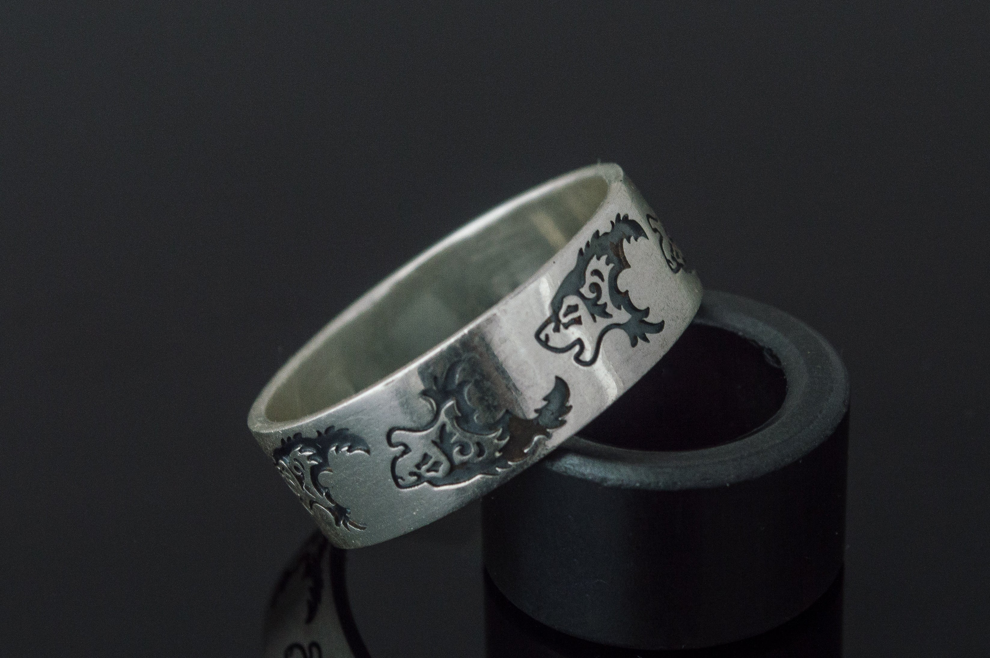 Ring with Wolf Ornament Handmade Sterling Silver Norse Ring - vikingworkshop