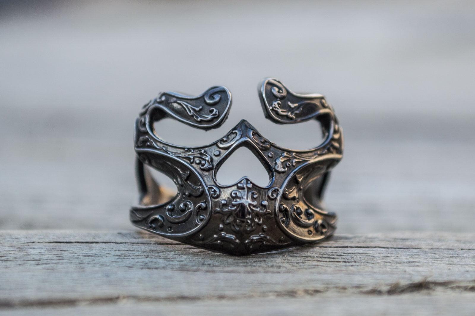 Skull Ring with Ornament Sterling Silver Ruthenium Plated Unique Biker Jewelry - vikingworkshop