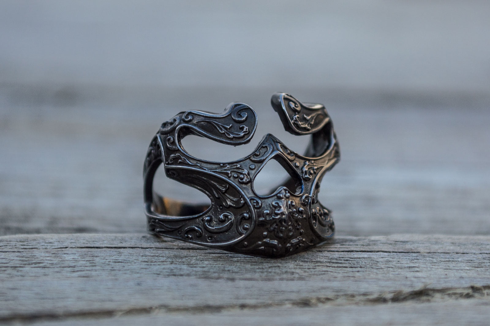 Skull Ring with Ornament Sterling Silver Ruthenium Plated Unique Biker Jewelry - vikingworkshop