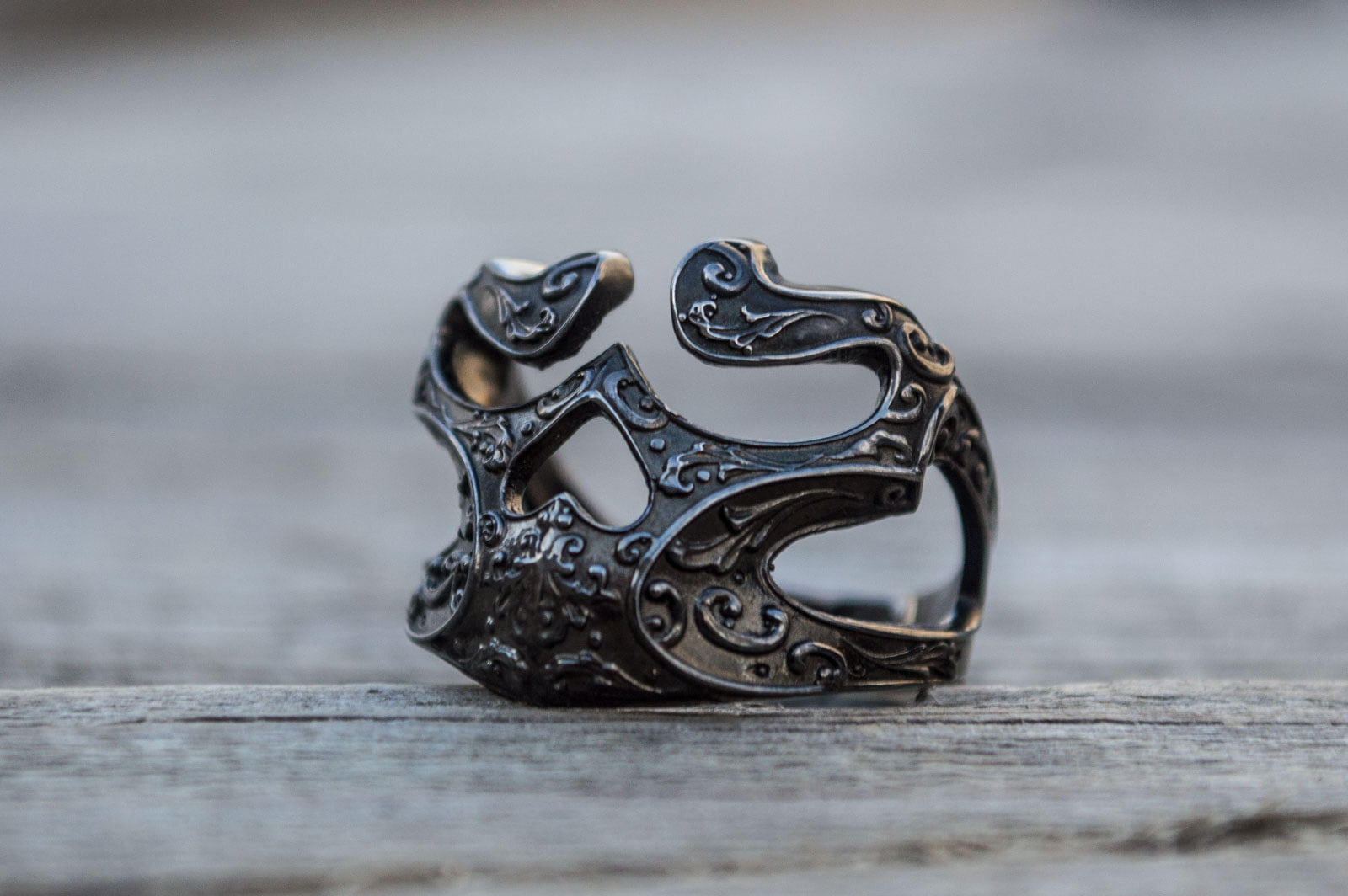 Skull Ring with Ornament Sterling Silver Ruthenium Plated Unique Biker Jewelry - vikingworkshop