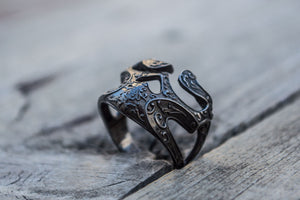 Skull Ring with Ornament Sterling Silver Ruthenium Plated Unique Biker Jewelry - vikingworkshop