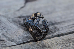 Skull Ring with Ornament Sterling Silver Ruthenium Plated Unique Biker Jewelry - vikingworkshop