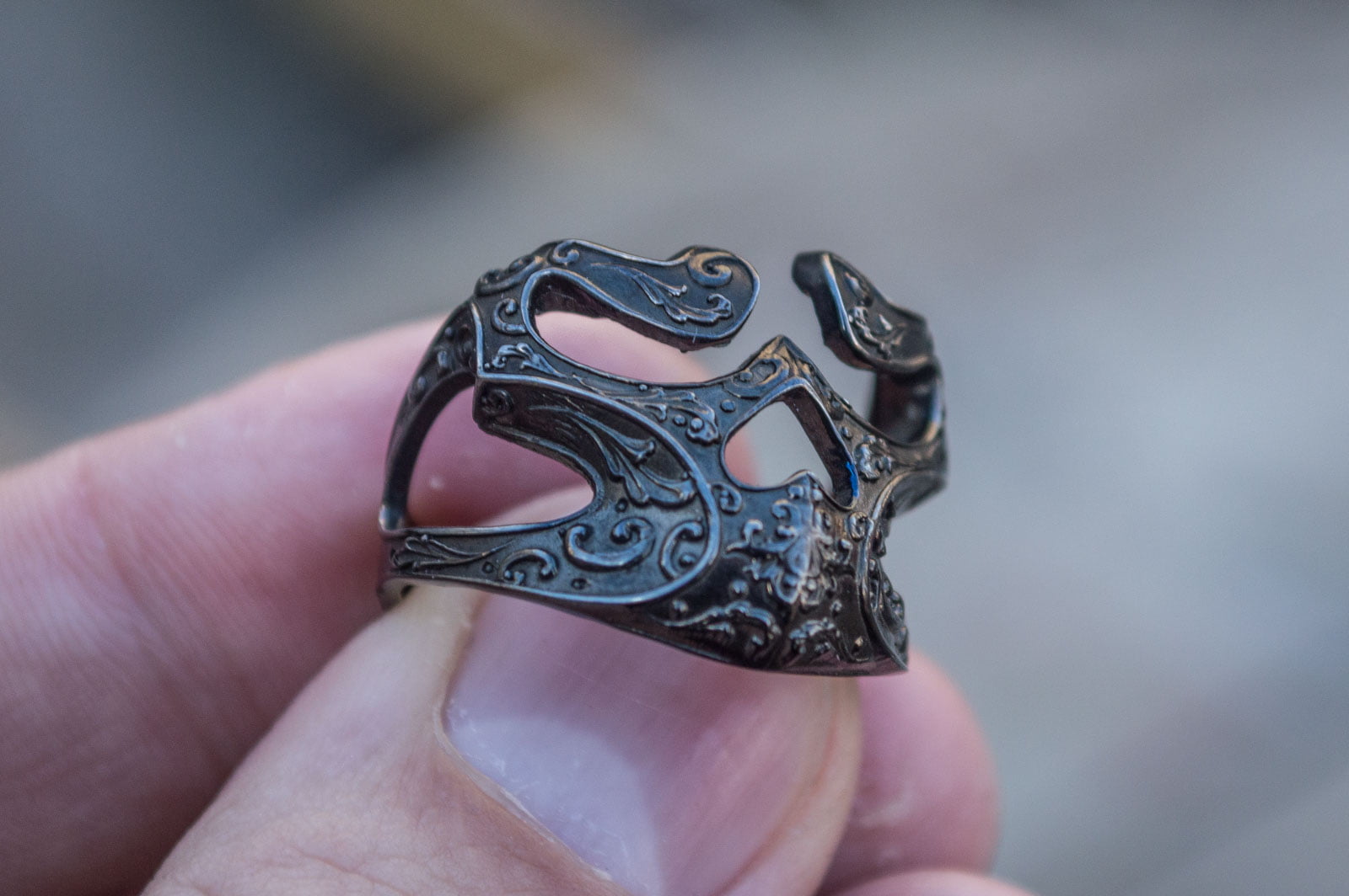 Skull Ring with Ornament Sterling Silver Ruthenium Plated Unique Biker Jewelry - vikingworkshop