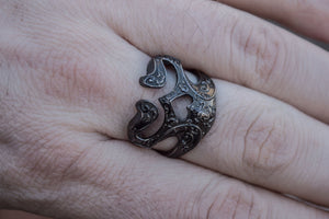 Skull Ring with Ornament Sterling Silver Ruthenium Plated Unique Biker Jewelry - vikingworkshop