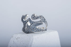 Skull Ring with Ornament Sterling Silver Unique Biker Jewelry - vikingworkshop