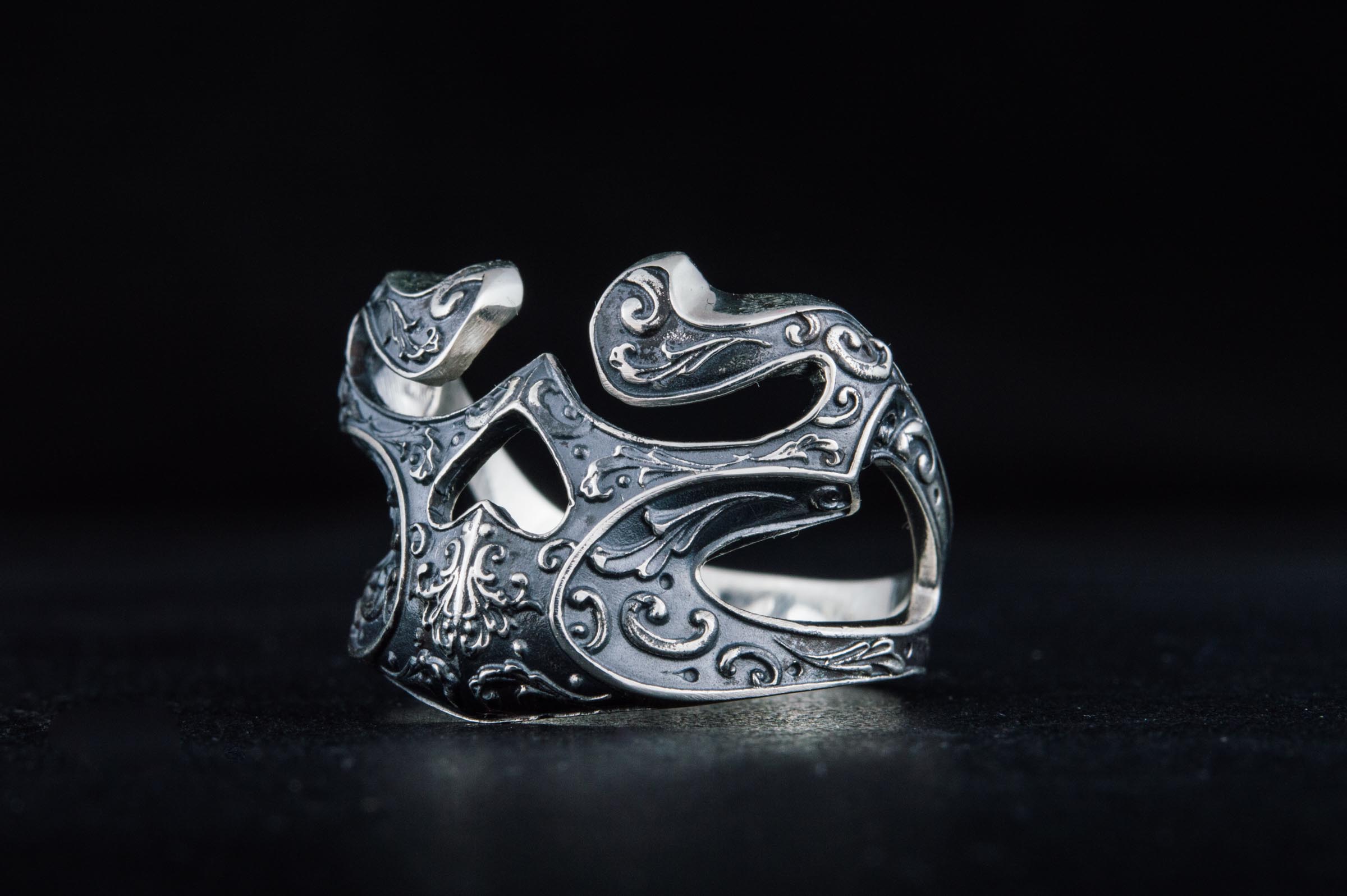 Skull Ring with Ornament Sterling Silver Unique Biker Jewelry - vikingworkshop