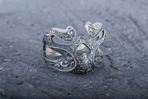 Skull Ring with Ornament Sterling Silver Unique Biker Jewelry - vikingworkshop