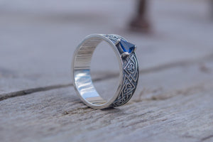 Ring with Norse Ornament and Cubic Zirconia Sterling Silver Viking Jewelry - vikingworkshop