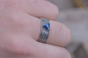 Ring with Norse Ornament and Cubic Zirconia Sterling Silver Viking Jewelry - vikingworkshop