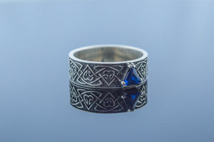 Ring with Norse Ornament and Cubic Zirconia Sterling Silver Viking Jewelry - vikingworkshop