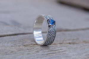 Ring with Norse Ornament and Cubic Zirconia Sterling Silver Viking Jewelry - vikingworkshop