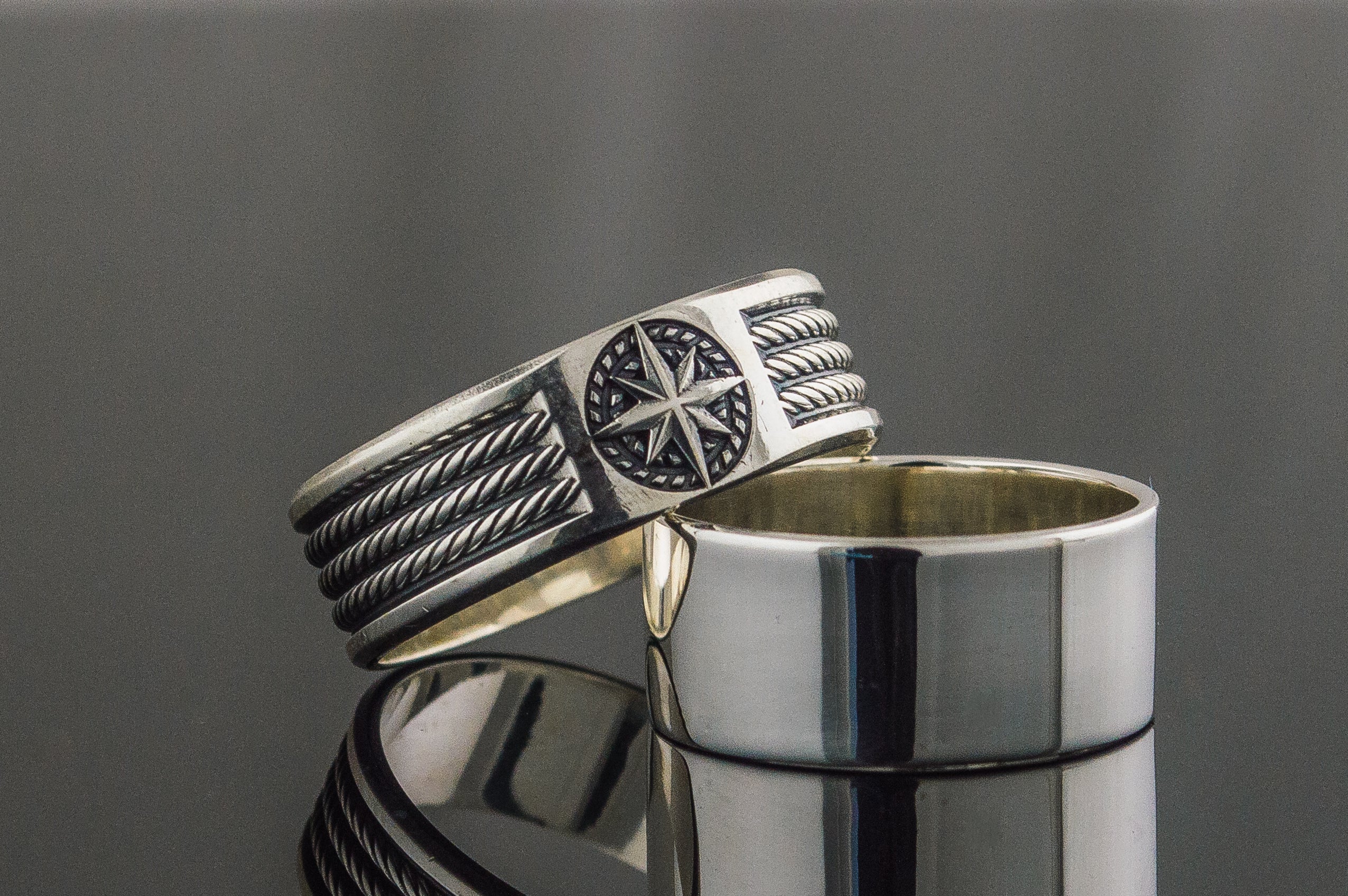 Ring with Compass Symbol Ornament Style Sterling Silver Jewelry - vikingworkshop