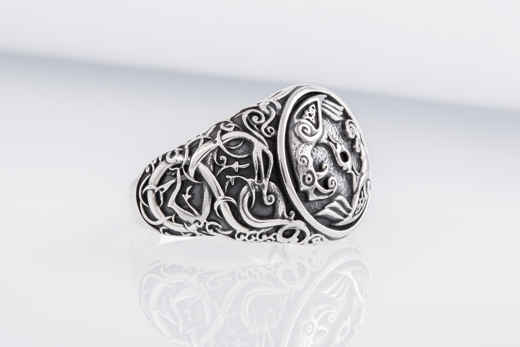 Odin Raven Symbol Ring with Urnes Style Sterling Silver Viking Jewelry - vikingworkshop