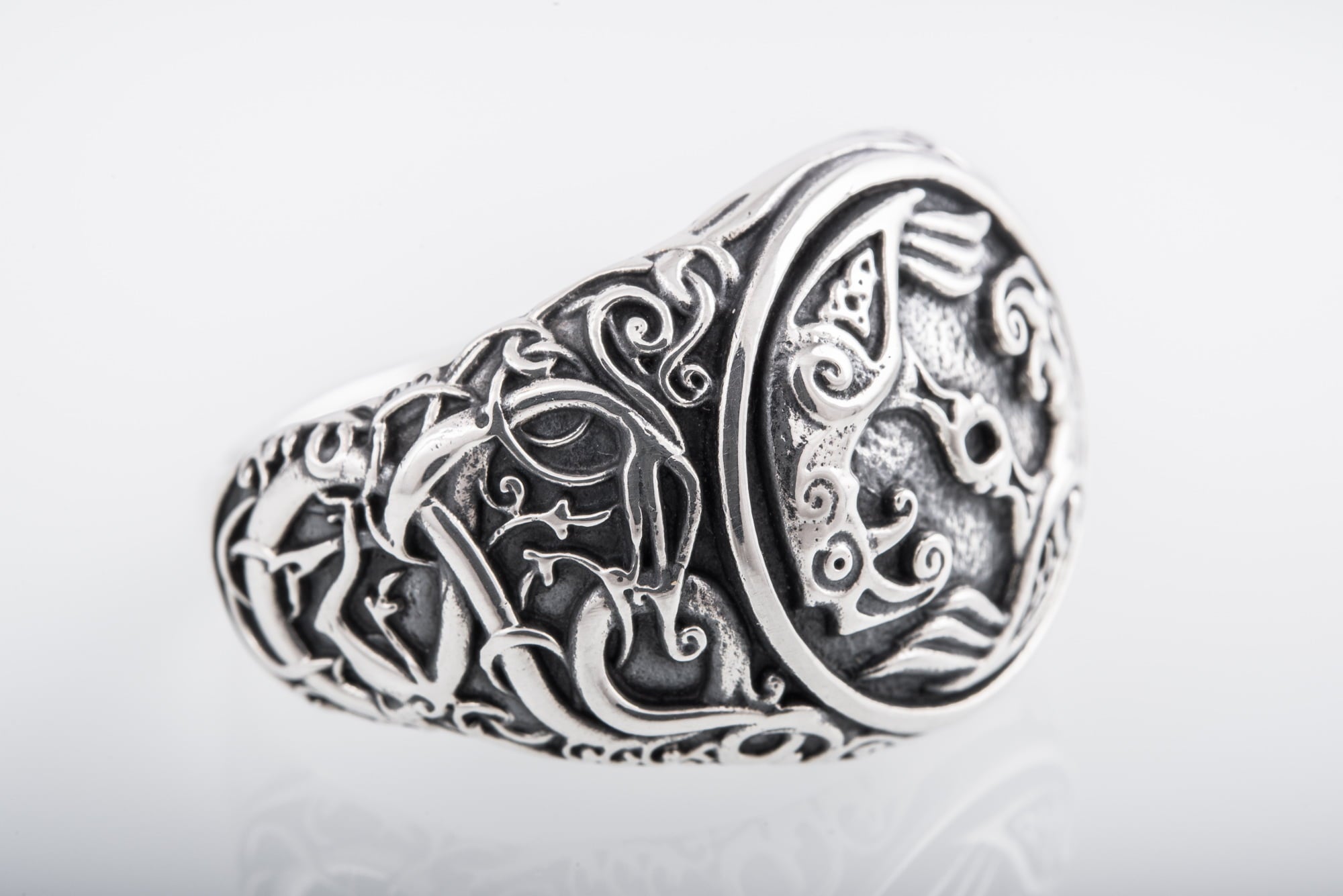 Odin Raven Symbol Ring with Urnes Style Sterling Silver Viking Jewelry - vikingworkshop