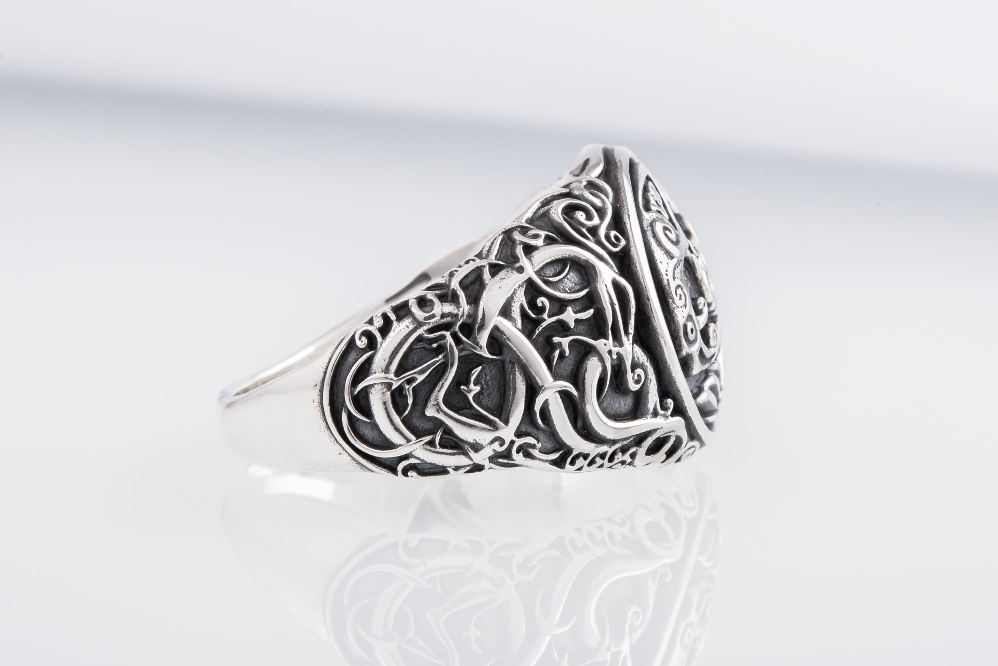 Odin Raven Symbol Ring with Urnes Style Sterling Silver Viking Jewelry - vikingworkshop