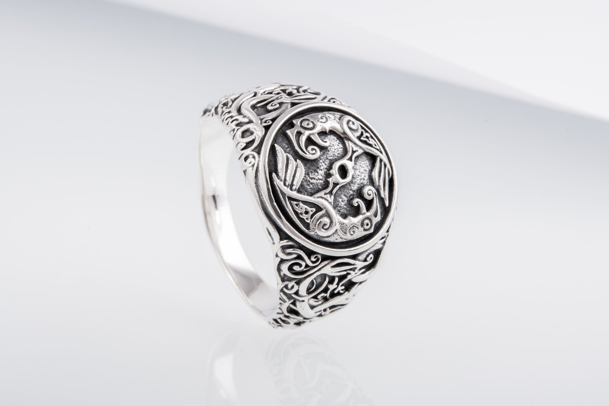 Odin Raven Symbol Ring with Urnes Style Sterling Silver Viking Jewelry - vikingworkshop