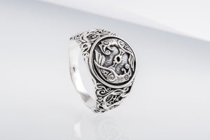 Odin Raven Symbol Ring with Urnes Style Sterling Silver Viking Jewelry - vikingworkshop