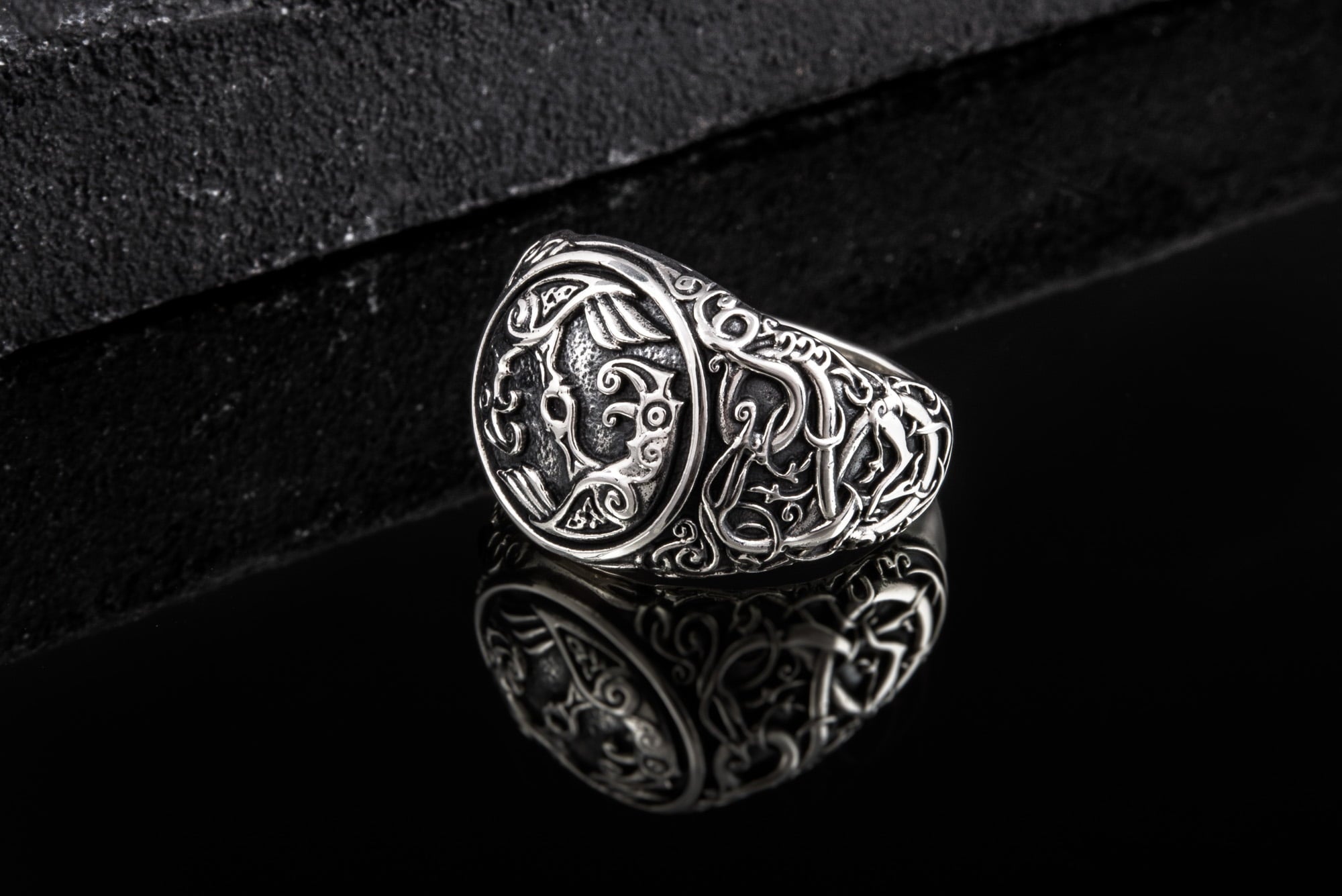 Odin Raven Symbol Ring with Urnes Style Sterling Silver Viking Jewelry - vikingworkshop