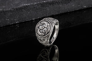 Odin Raven Symbol Ring with Urnes Style Sterling Silver Viking Jewelry - vikingworkshop