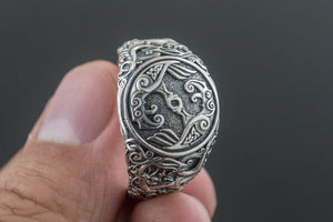 Odin Raven Symbol Ring with Urnes Style Sterling Silver Viking Jewelry - vikingworkshop