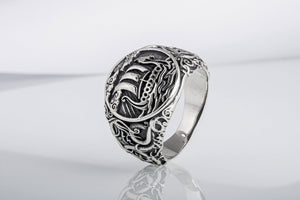 Drakkar Symbol Ring with Urnes Style Sterling Silver Viking Jewelry - vikingworkshop