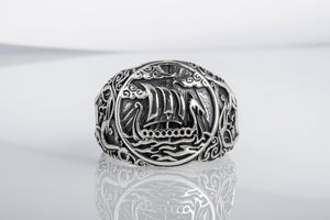 Drakkar Symbol Ring with Urnes Style Sterling Silver Viking Jewelry - vikingworkshop