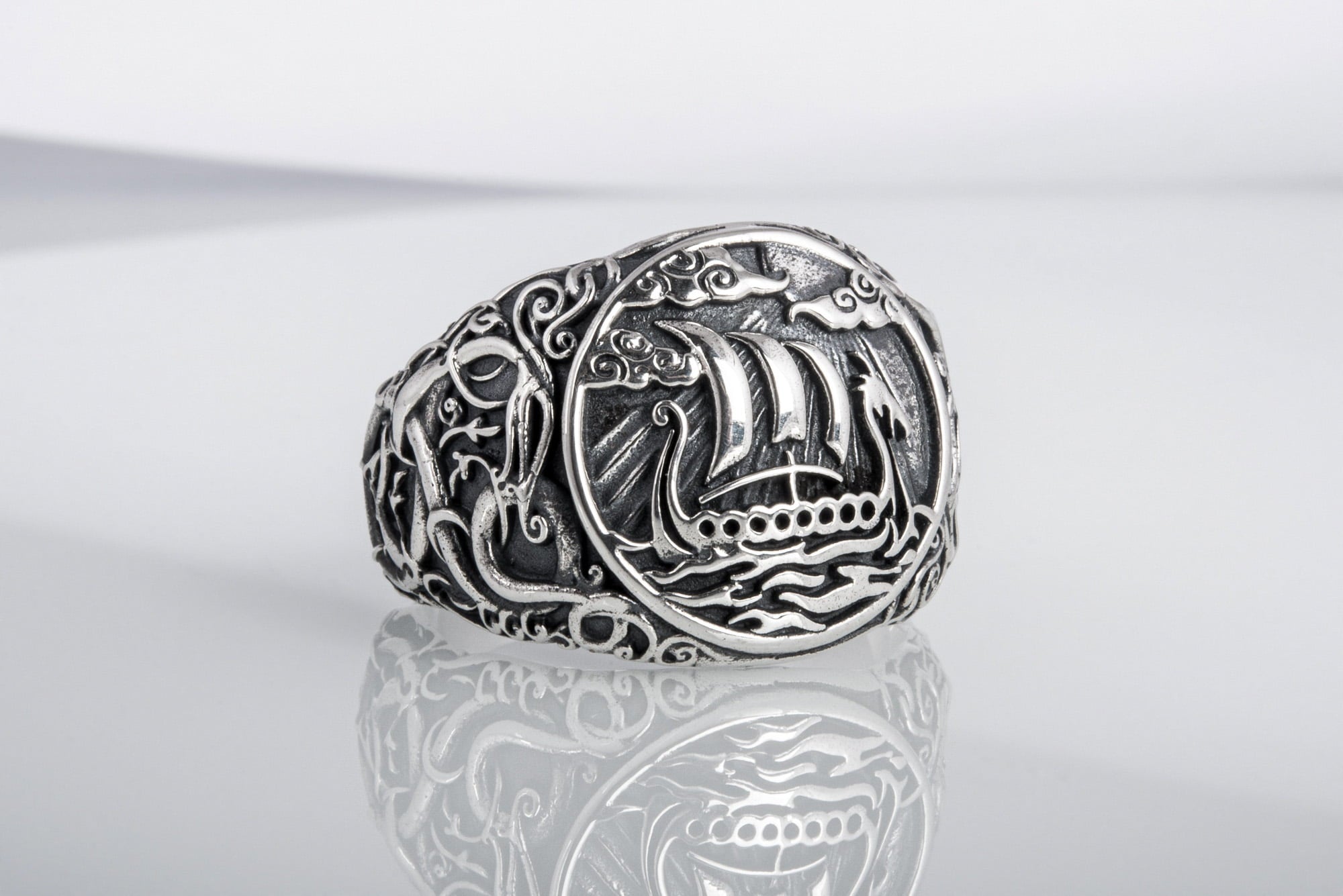 Drakkar Symbol Ring with Urnes Style Sterling Silver Viking Jewelry - vikingworkshop