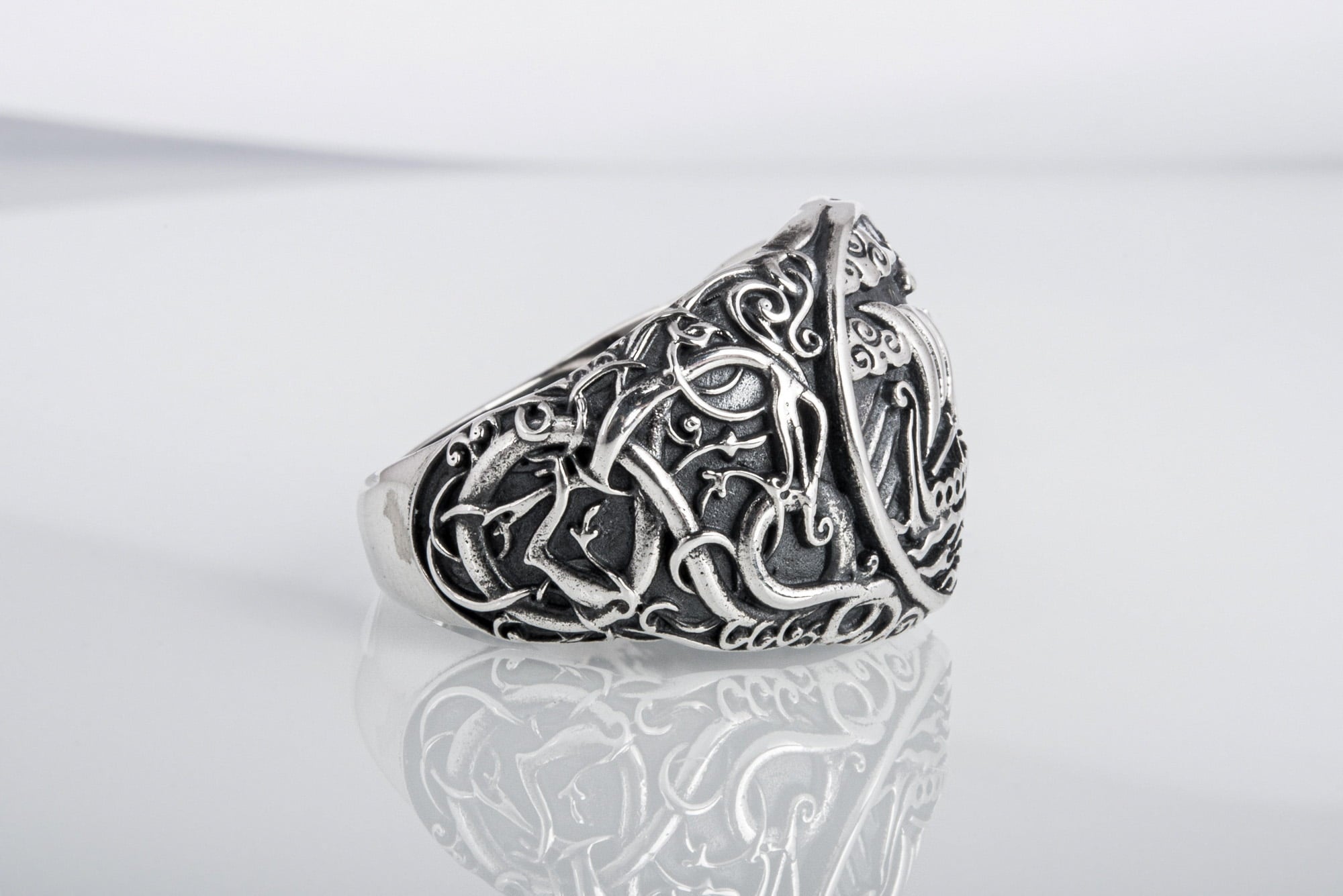 Drakkar Symbol Ring with Urnes Style Sterling Silver Viking Jewelry - vikingworkshop