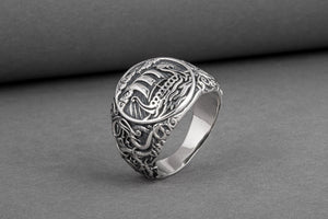 Drakkar Symbol Ring with Urnes Style Sterling Silver Viking Jewelry - vikingworkshop