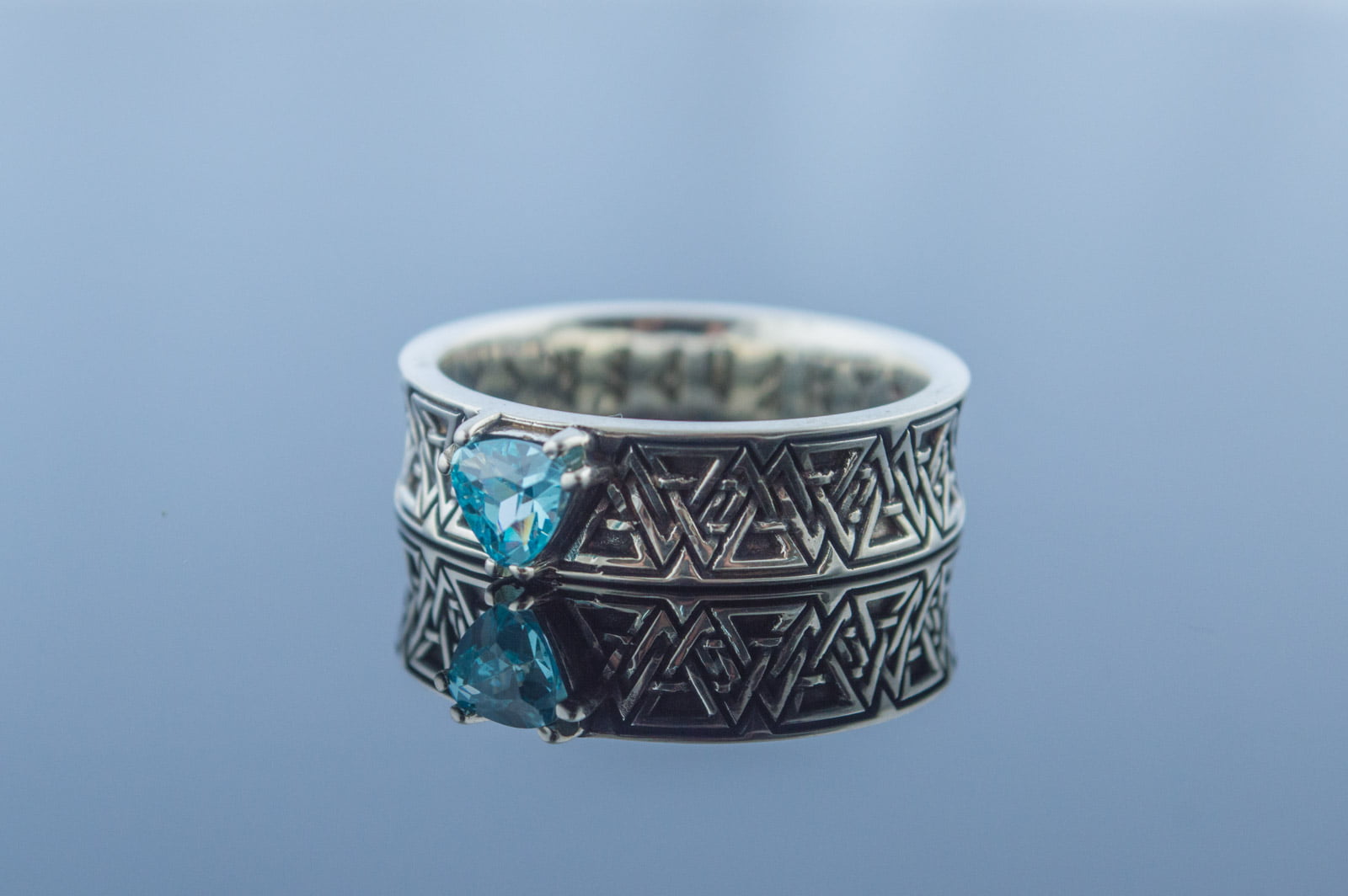 Valknut Symbol Ring with Blue Cubic Zirconia Sterling Silver Handmade Jewelry - vikingworkshop